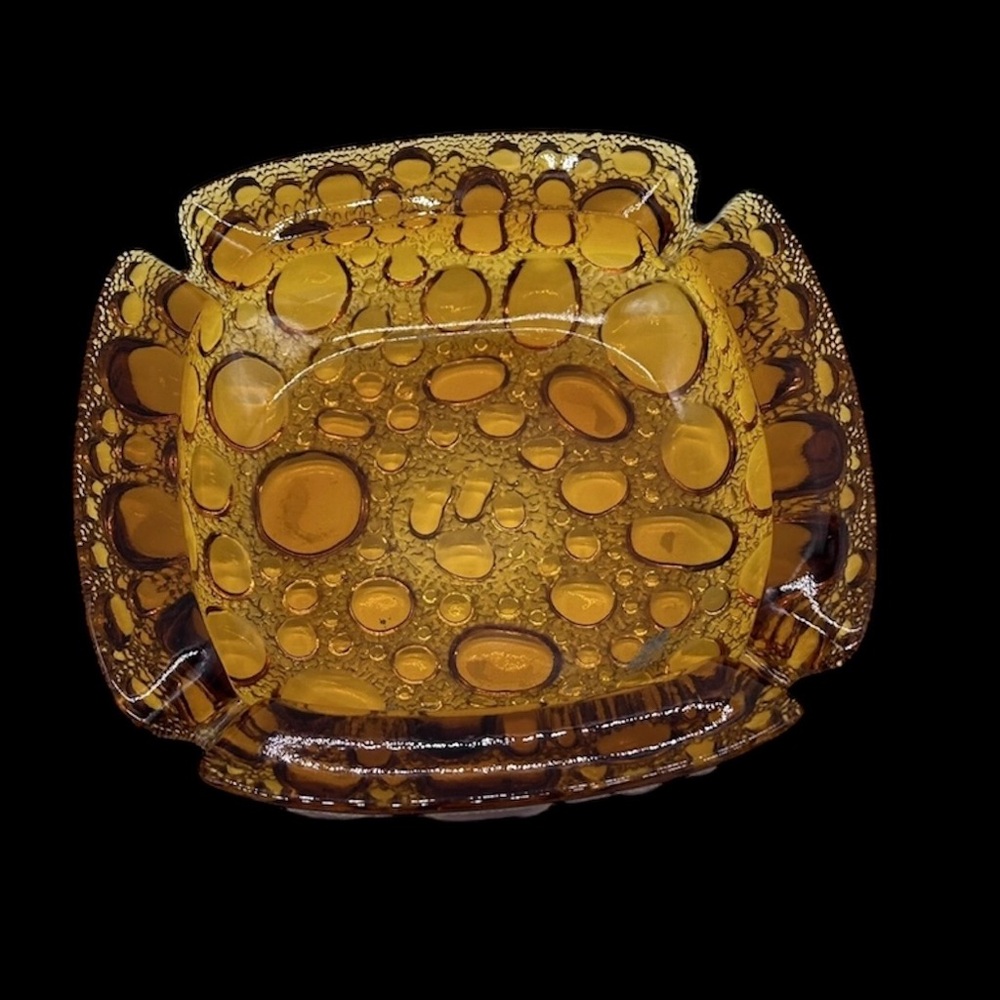 Vintage MCM Amber Bubble Glass Ashtray 6 Inch